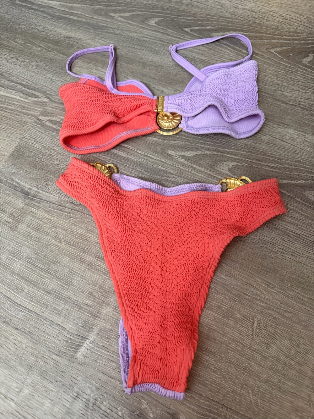 Lilac and Coral Cleonie crinkle Two-Piece Bikini with Gold Accents - Picture 3 of 3